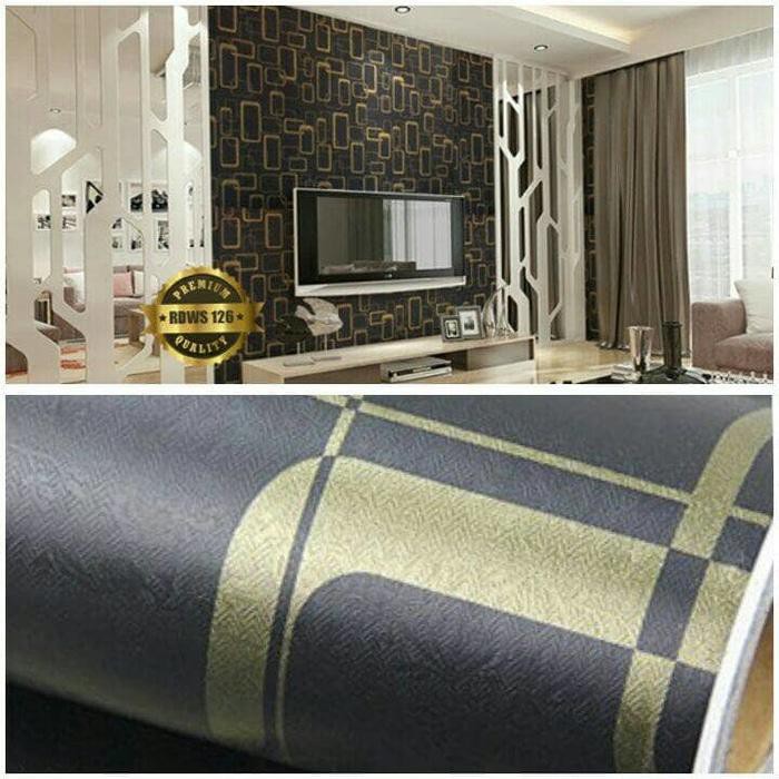 Wallpaper Dinding Motif Persegi Black Gold 5080-1 / BOBI Wallpaper PVC ± 10 meter x 45 cm