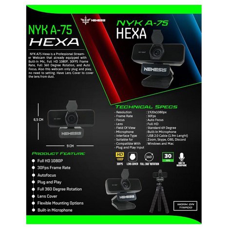 Webcam NYK NEMESIS A75 A50 HEXA FULL HD1080 30FPS / Webcam NYK NEMESIS A75 EVEREST 1080P