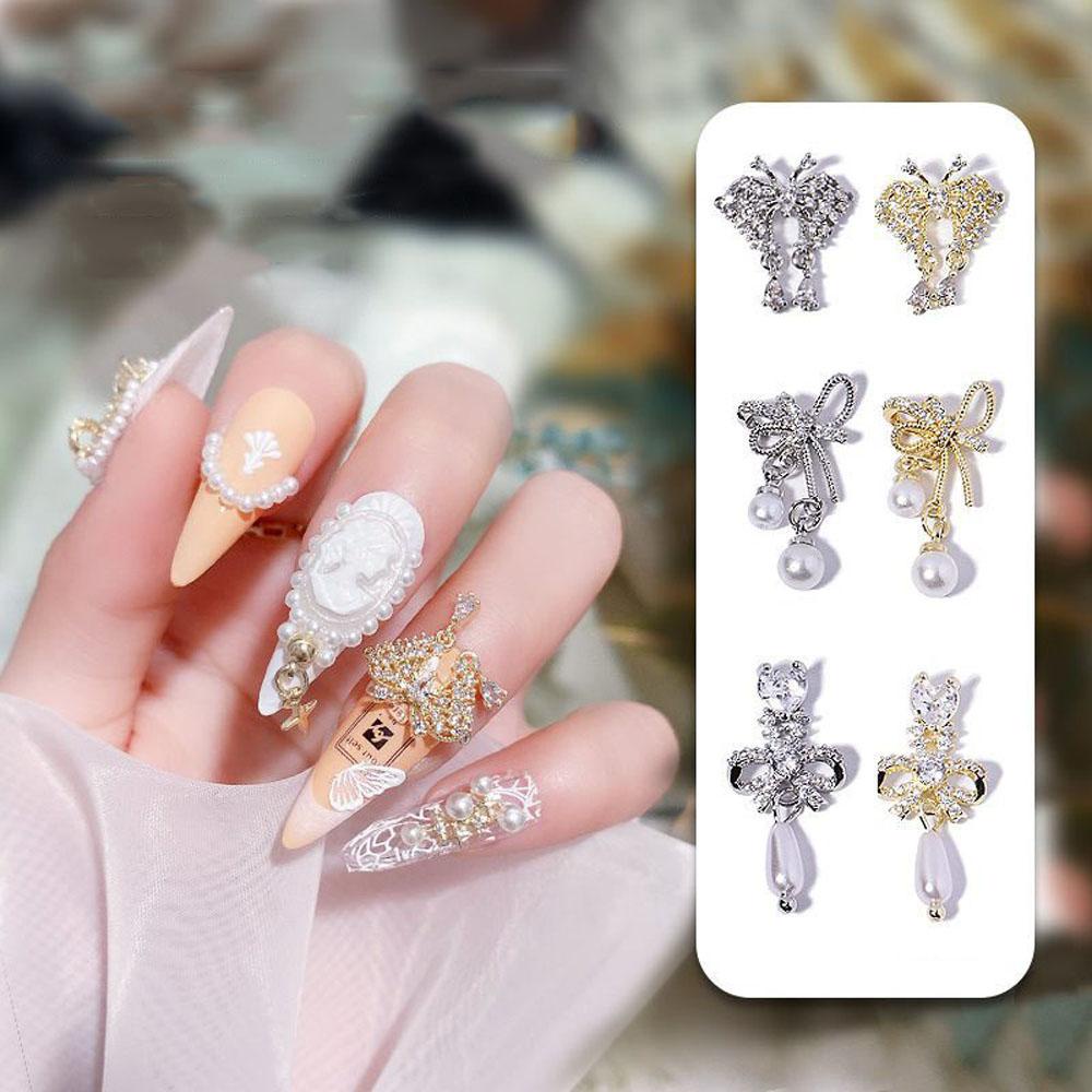 AUGUSTINA Agustina Kupu-Kupu Kuku Berlian Imitasi Mewah Manikur Aksesoris Alloy Rantai Mutiara Liontin 3D Hiasan Kuku