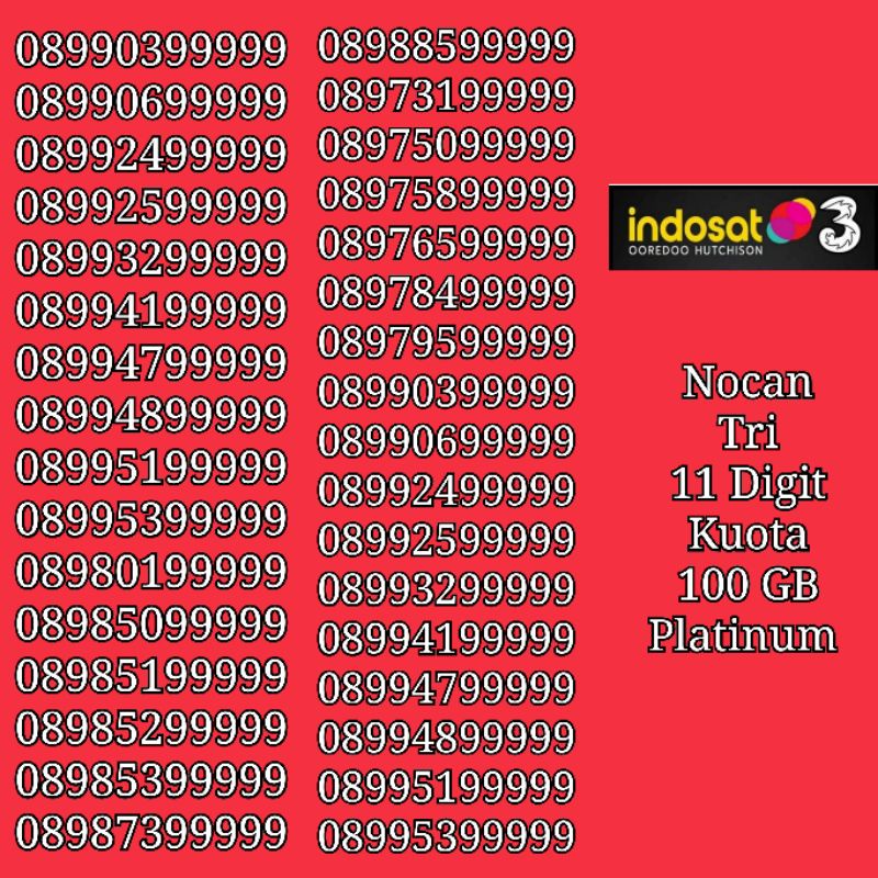 Nomor Cantik Nocan Kartu 11 Digit Panca 9 Perdana Tri Three 4G LTE Kuota 100GB Platinum