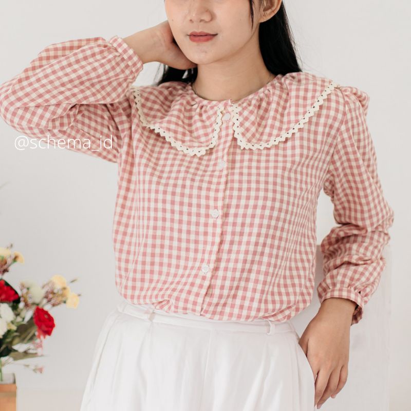 Yeora Blouse by Schema Collar Blouse Korea Style Atasan Top Wanita Lengan Panjang Tartan Blouse Cotton Premium