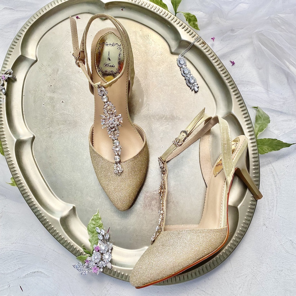 Gold T-Strap Sandal Sepatu Pesta Wanita Tali Sepatu Stiletto Heels 8cm AVEDA FI6046
