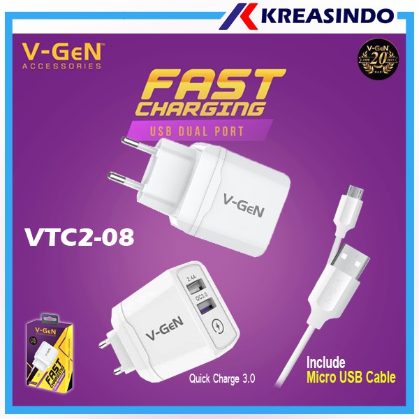 V-GeN Vgen Vtc2-08 Fast Charging Adaptor Travel Charger 2 Port USB