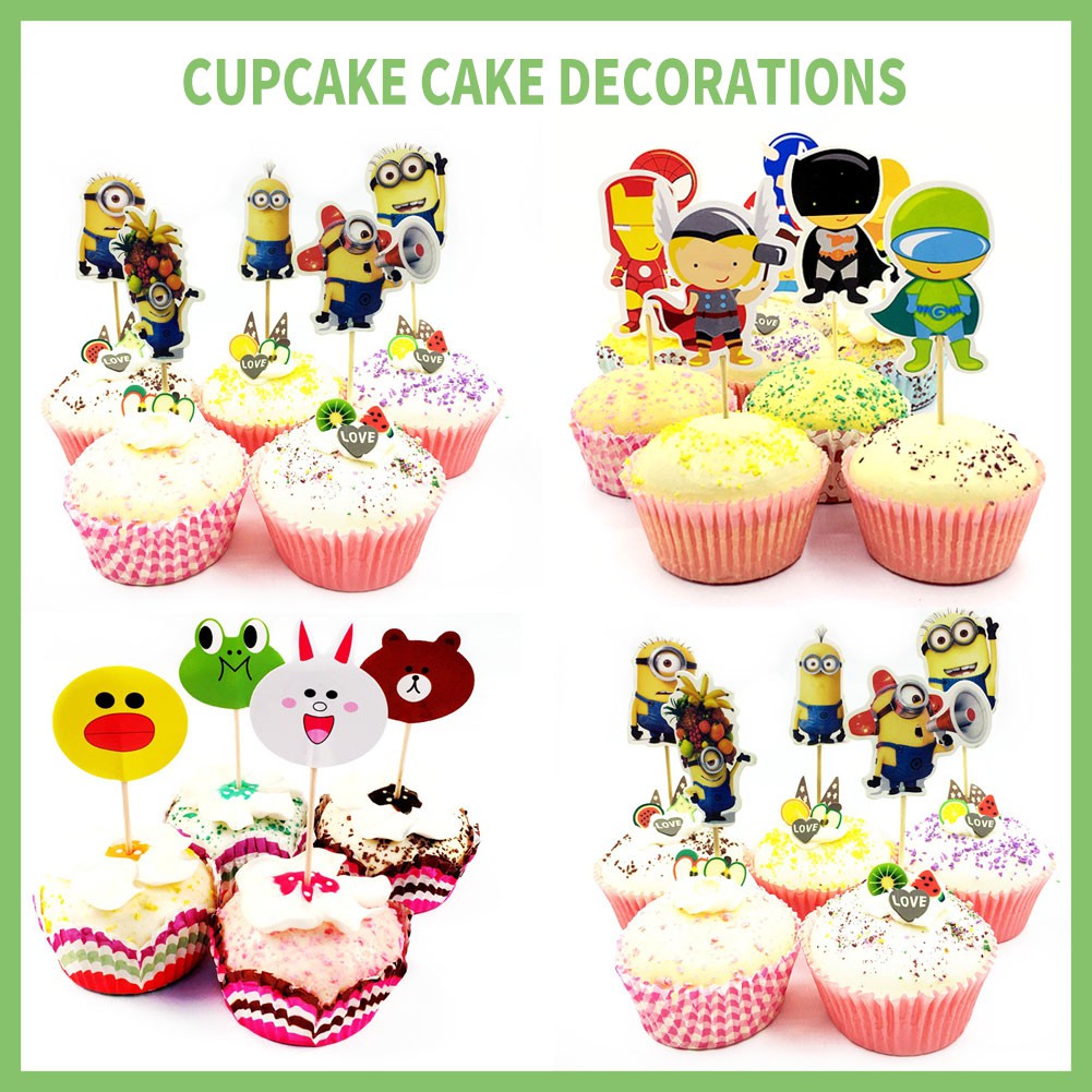 24PCS Lovely Cartoon Pattern Kids Birthday Cupcake Toppers Picks Party Cake Decorating Toothpick Flags Inserted Sign Card