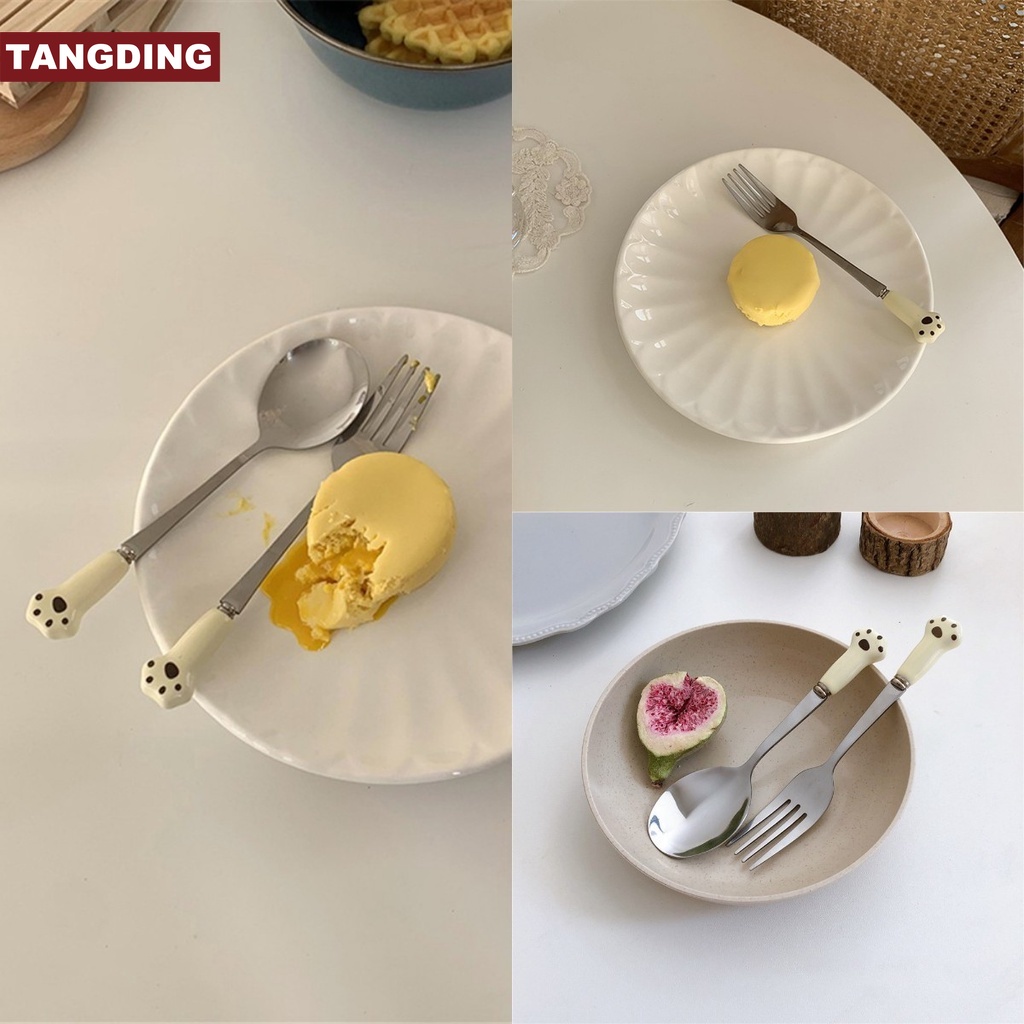 【COD Tangding】Stainless Steel Cartoon Ceramic Handle Cat Claw INS Simple Breakfast Spoon Dessert Cake Fruit Spoon Fork