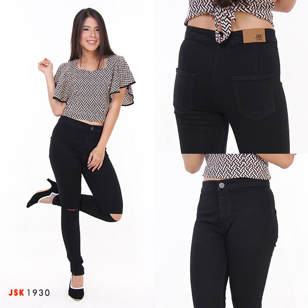 Highwaist Hitam Sobek Lutut HW Jeans Item Ripped Knee JSK 1930 Bestseller Ripped Jeans