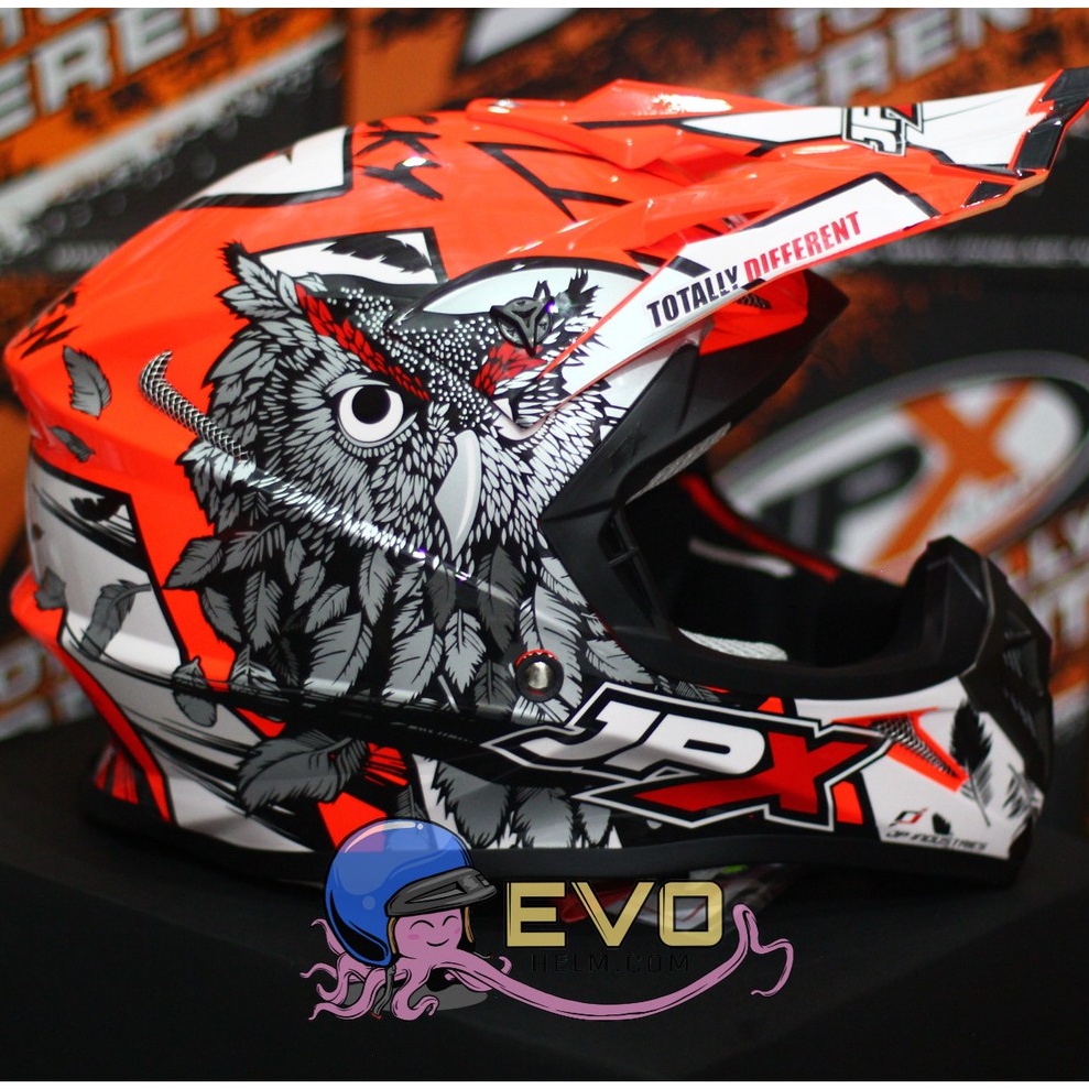 HELM JPX CROSS_FOX1 SERI X13 - FLUO RED GLOSS + GOOGLE SNAIL (ONGKIR 2 KG) JPX X13 STABILO OREN JPX ORANGE HELM CROSS MOTIF BURUNG HANTU JPX OWL HELM JPX TERBARU