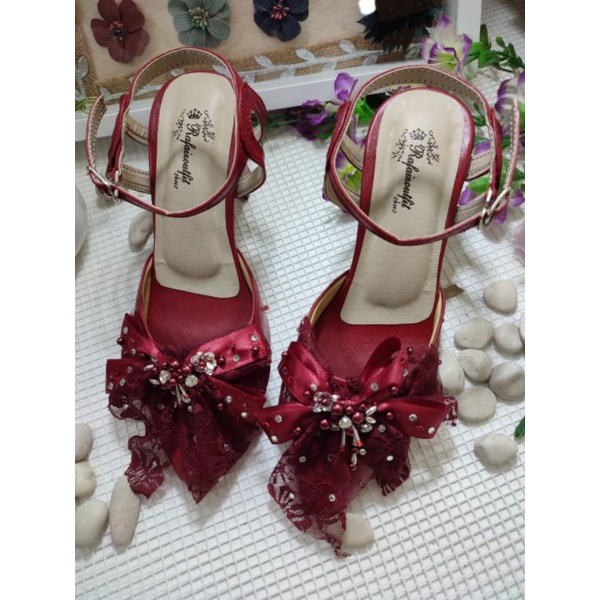 sepatu rafaizoutfit Amanda merah marron tali tinggi 7cm tahu