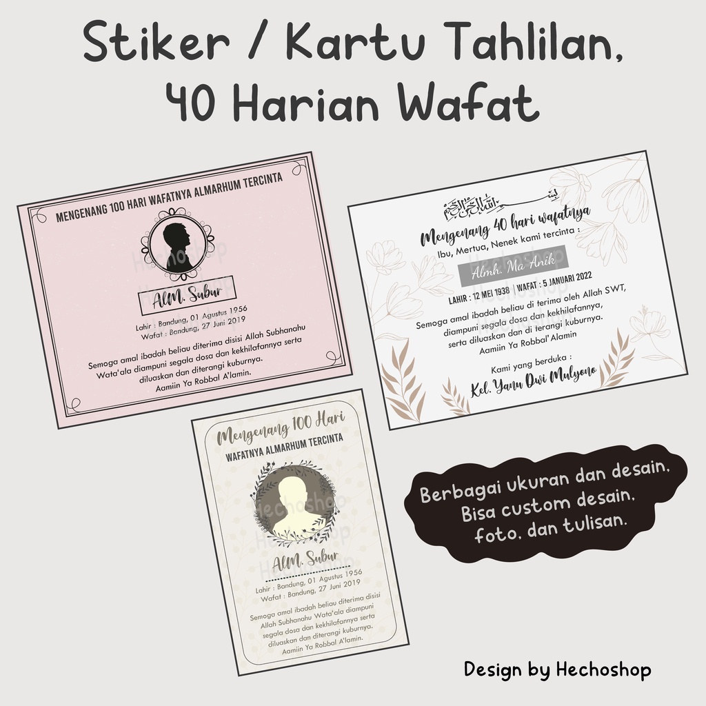 Stiker/kartu Tahlilan / Mengenang Orang Meninggal / Wafat / 40 Harian