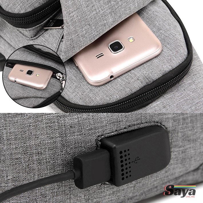 Sling Bag + USB Port Cable Tas Selempang Kanvas Pria HP Charger BA817