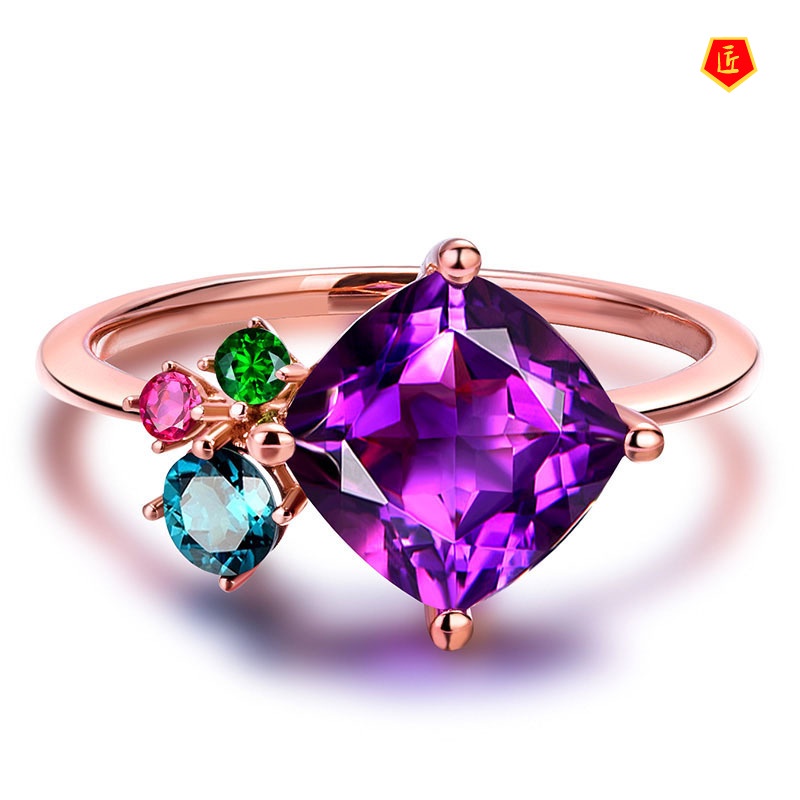 [Ready Stock]Elegant Personality Rose Gold Color Gemstone Amethyst Ring