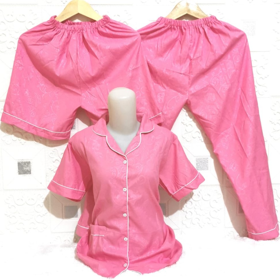 ISANNY PIYAMA SET 3IN1 SIZE XXL/SATIN EMBOSS 3IN1 JUMBO/BAJU TIDUR DEWASA/READY STOCK-PINK ROSE
