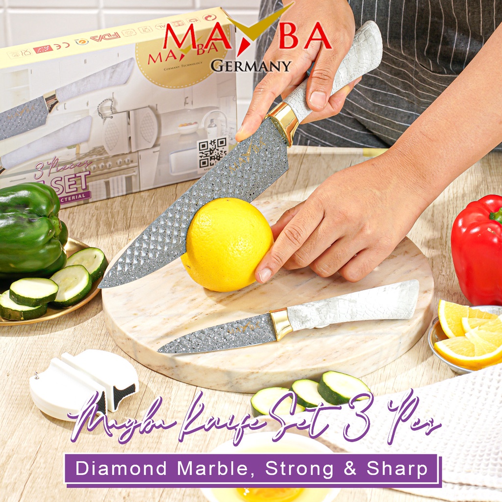 Mizukitchen PISAU SET DIAMOND MAYBA 3 PC Best Quality Stainless coated Marble putih 3pcs termasuk pengasah