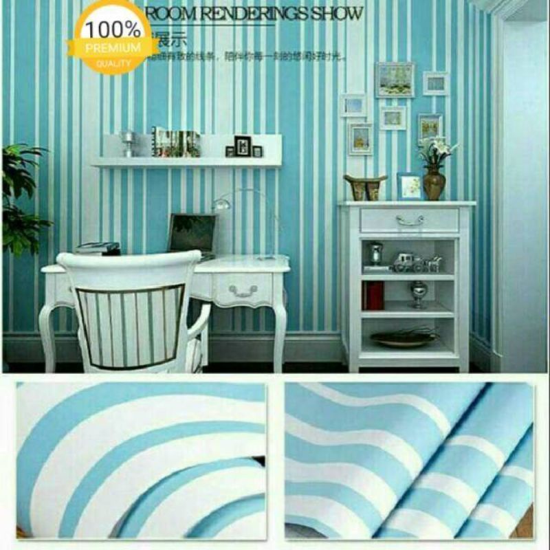 Wallpaper Dinding biru Muda Bergaris Putih Minimalis