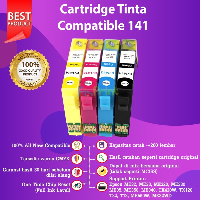 Cartridge Tinta Epson 141 T141 Compatible ME32 ME320 ME340 ME900WD TX400W Black Cyan Magenta Yellow