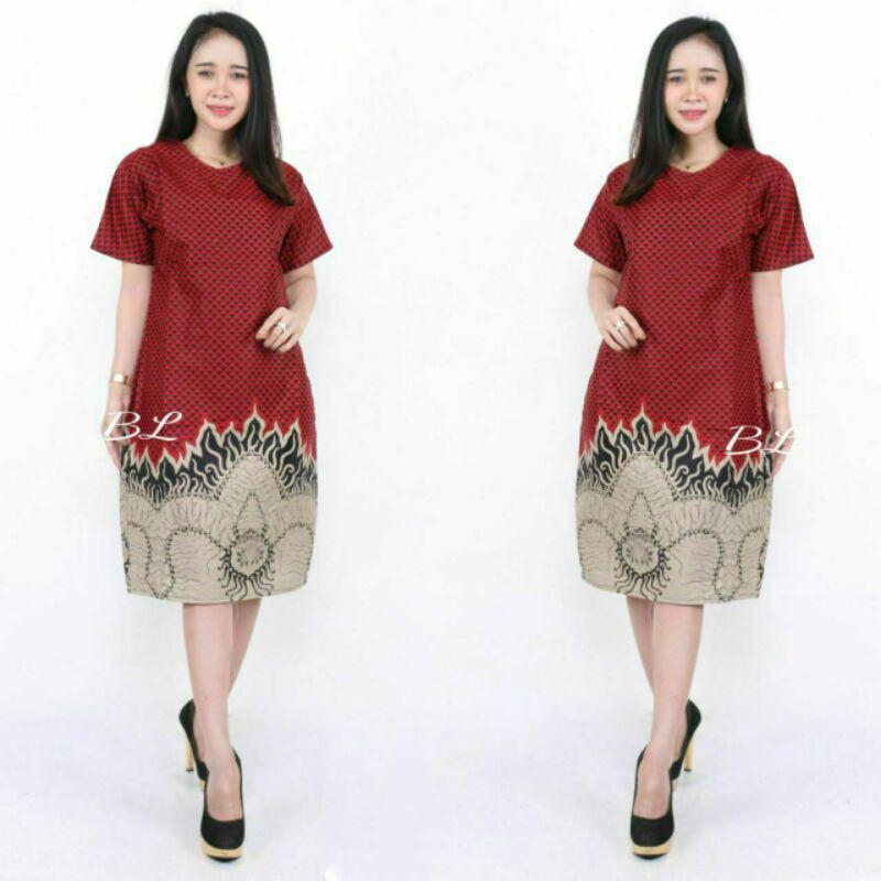 BATIK COUPLE KELUARGA sania ruffle ori ndoro jowi dnt motif Bara merah-Dress dewasa