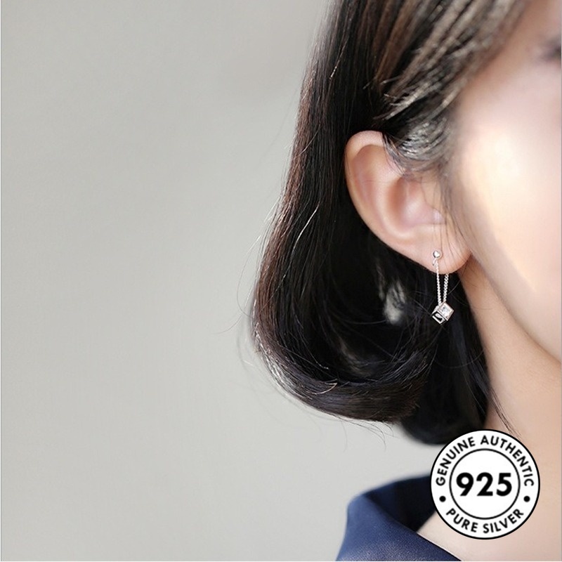 Anting Tusuk Sterling Silver 925 Desain Kubus Hollow Hias Berlian Imitasi Untuk Wanita