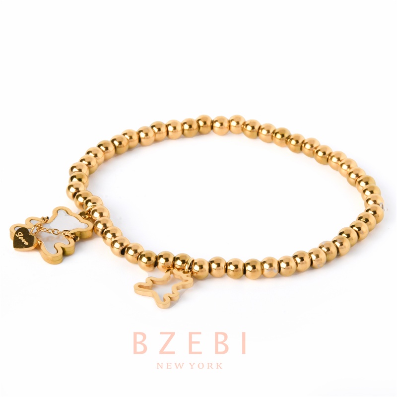 Bzebi Gelang Tangan Titanium Steel Lapis Emas 18k Aksen Manik-Manik + Liontin Beruang Untuk Wanita 971b