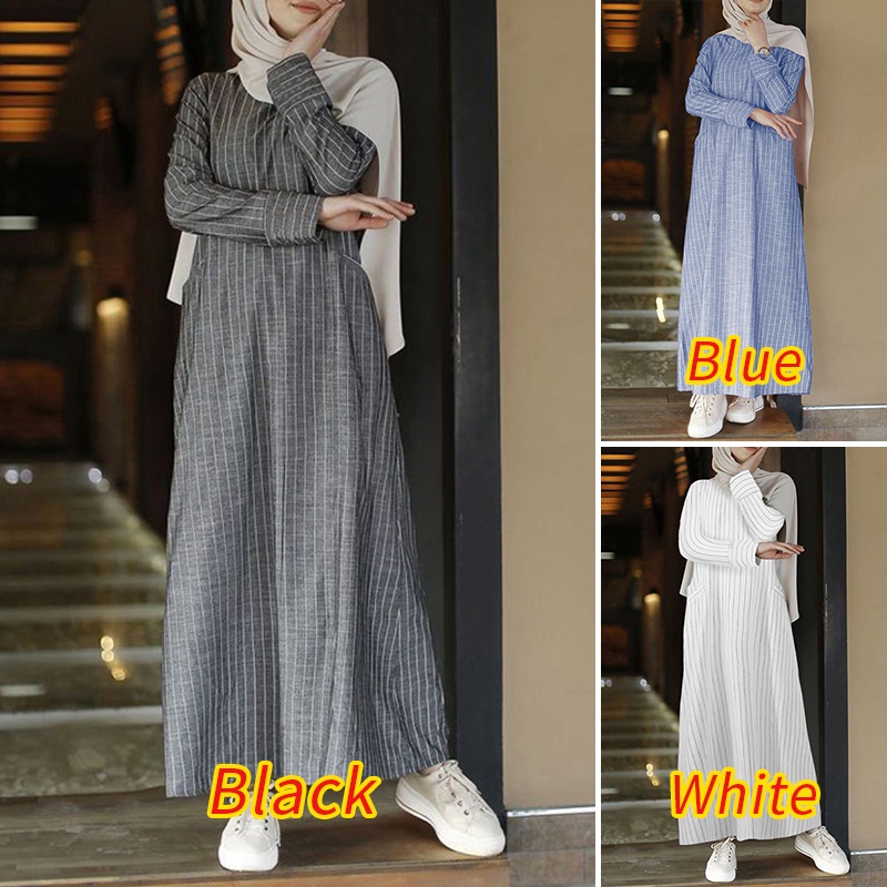 ZANZEA Muslim Women O-neck Striped Long Sleeve Pockets Dress