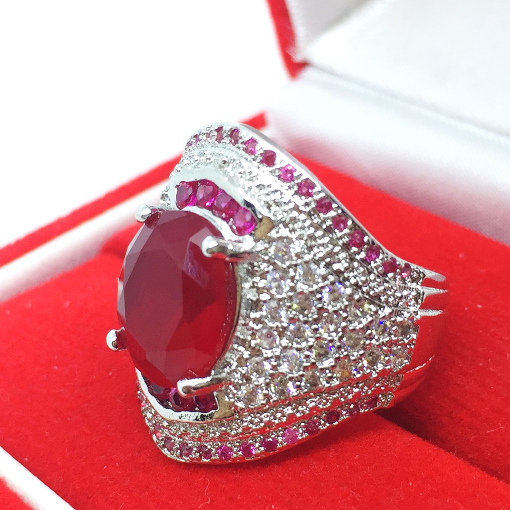 Cincin Lapis Emas Putih Besar Batu Merah Pinggir Fuschia Mewah - BR224