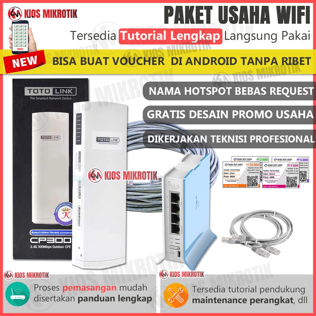 Mikrotik Rb941 + TotolinkCp300 - Paket Usaha Wifi Hotspot Voucher + Billing Siap Pakai