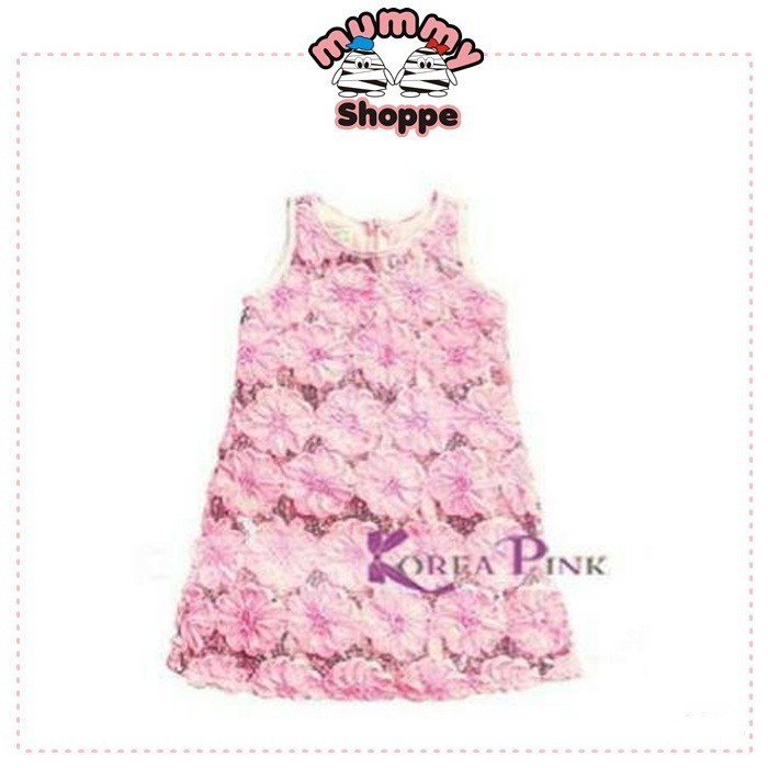 dress bunga motif timbul KP 106 (Korea Pink 106) gaun import untuk anak perempuan