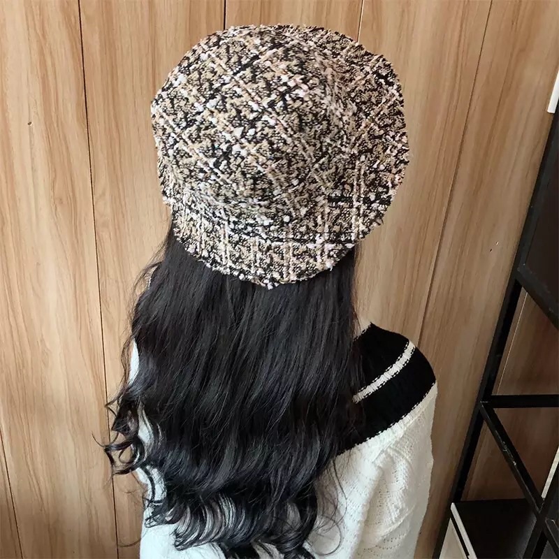 Bucket Hat Wanita Bahan Tweed Topi Bucket