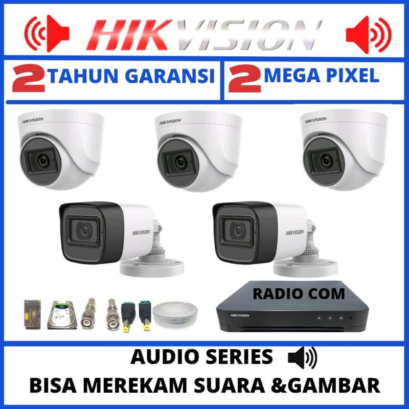 PAKET CCTV HIKVISION AUDIO 8 CHANNEL 5 KAMERA 2MP 1080P KOMPLIT TINGGAL PASANG