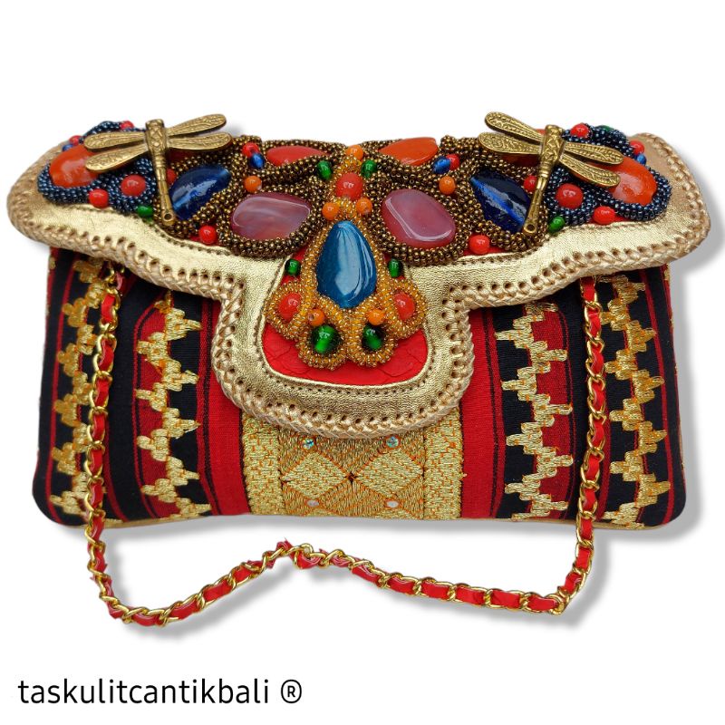 Raisa Size M Tapis - Tas/Clutch Kulit Ular Mix Tenun Tapis Lampung Buat Pesta Dengan Model Kipas