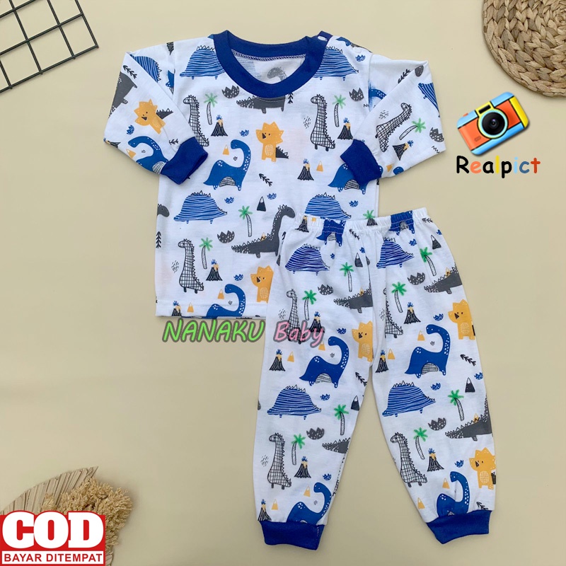 Ana Baby - Setelan Baju Bayi Kaos Oblong Piyama Bayi Lengan Panjang Kancing Bahu Motif Dino Anak usia 3-12 Bulan