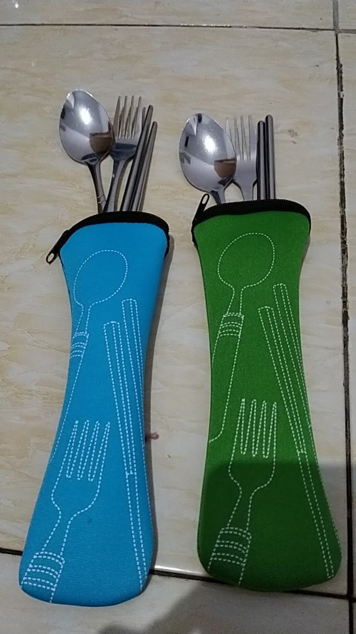Sendok Garpu Sumpit Set Plus Pouch Paket Lengkap / Sendok Stainless Travel Camping Outdoor Souvenir