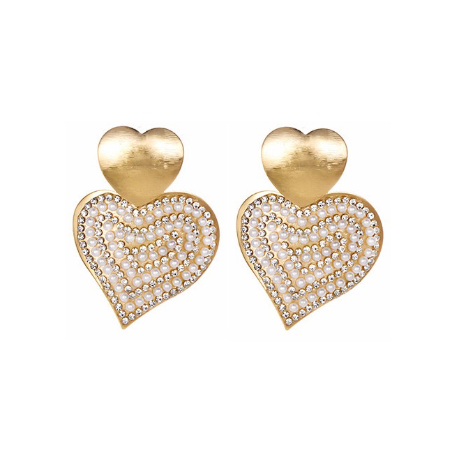 LRC Anting Tusuk Fashion Pearl Alloy Diamond Heart Earrings F7998X