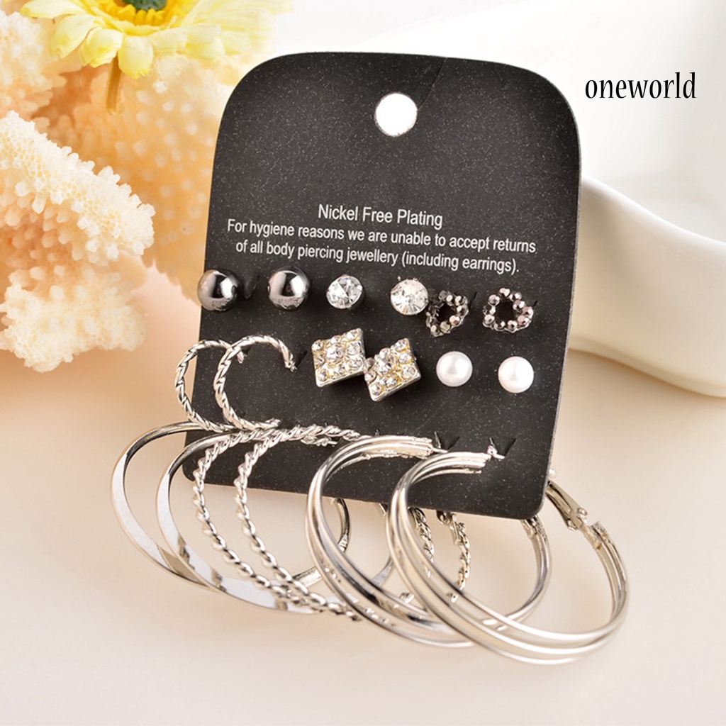 OW@ 9 Pairs Earring Rhinestone Inlaid Jewelry Gift Alloy Stud Hoop Earrings Set for Dating