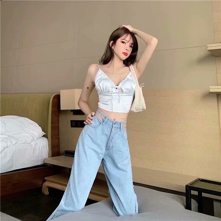 Suhao Versi Korea dari high-waist sisi meninju seksi sling wide pants musim semi desain baru jeans