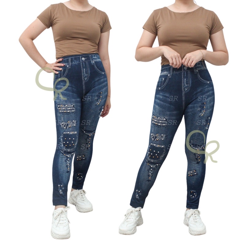 Legging Jeans Mutiara Import Wanita Pearl Denim Stretch Kombinasi