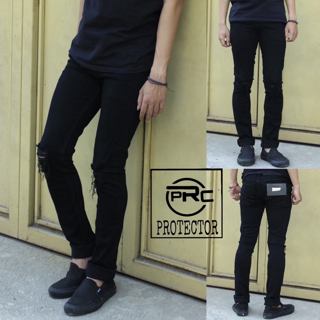 Celana Jeans Sobek lutut Pria Ripped / Celana Panjang Street Melar Skinny