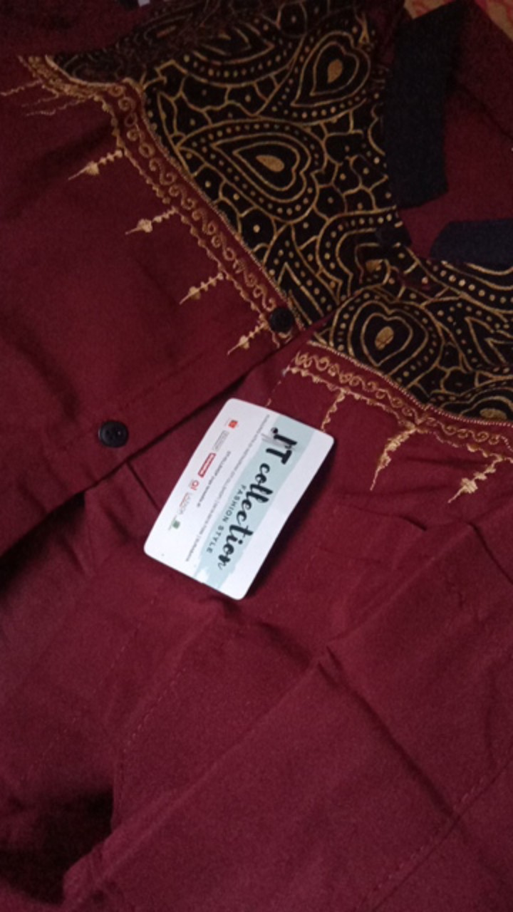 Cod - Dt Collection - Kemeja Batik Pria Cowok Muslim Bordir Kombinasi Gold Maroon Lengan Panjang
