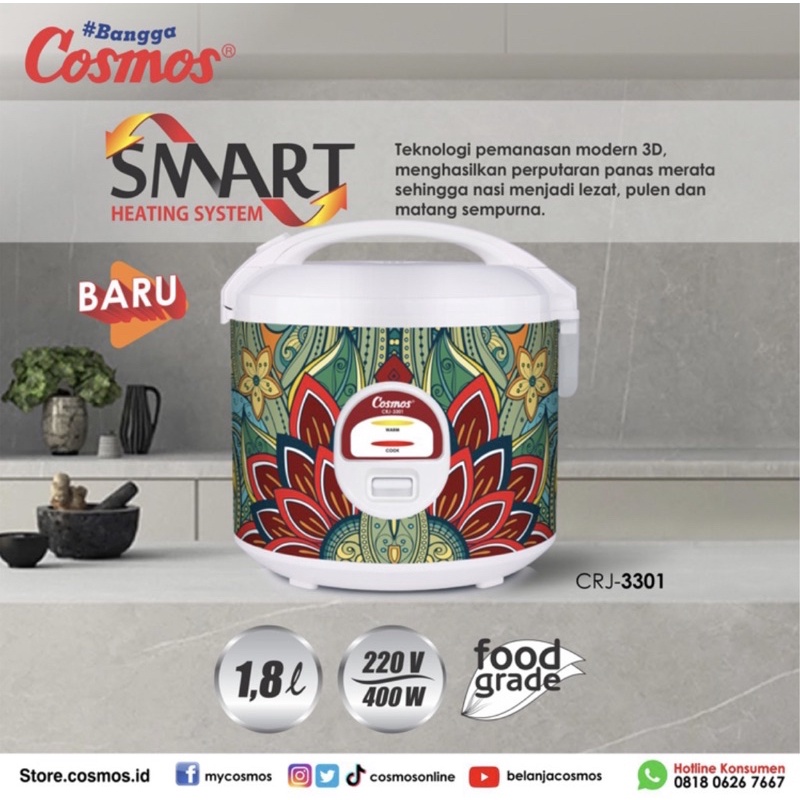 [ Cosmos ] Magic com / Rice cooker Cosmos CRJ 3301 dengan KUKUSAN!  - 1.8 Liter - Tongolan Besar + LOW WATT!