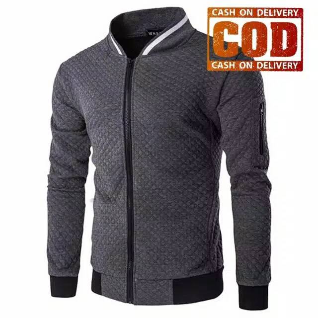 Jaket pria trend line black tipe laki laki cowok abu fleece