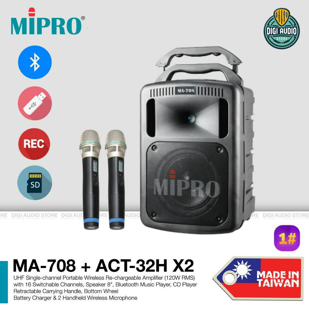 Speaker Portable Bluetooth 8 inch 190 Watt - 2 Mic Wireless Microphone - SD CD USB for Music MIPRO