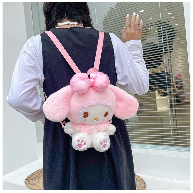 Ransel BULU Mainan Mewah Anime Sanrioed Kartun My Melody Kawaii Lucu Lolita Boneka Plushie Tas Penyimpanan Boneka Lembut Hadiah Ulang Tahun Anak Perempuan