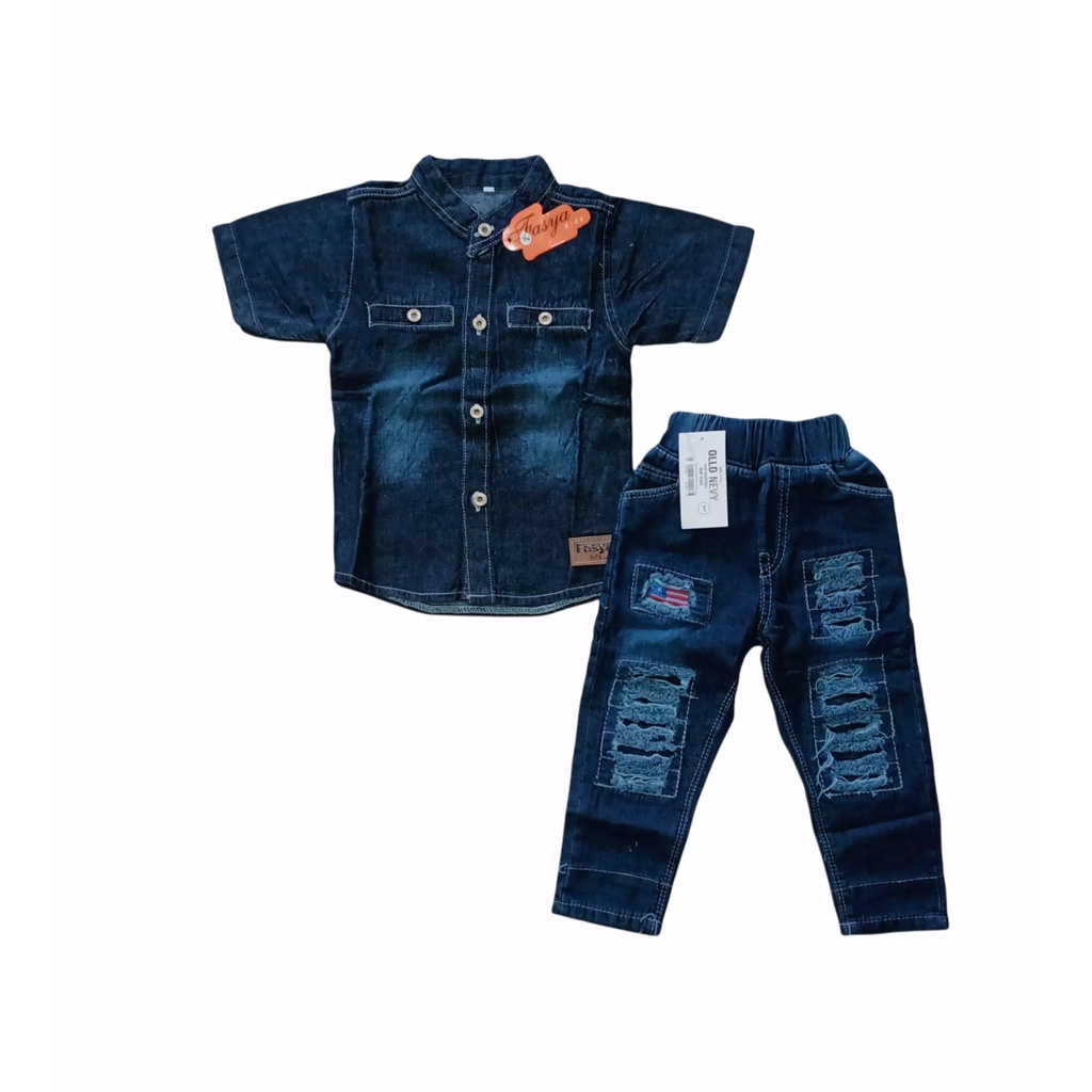 SETELAN ANAK LAKI KEMEJA JEANS KERAH DAN CELANA PANJANG RIPPED BENDERA 1-9 TAHUN- ST01-ST01