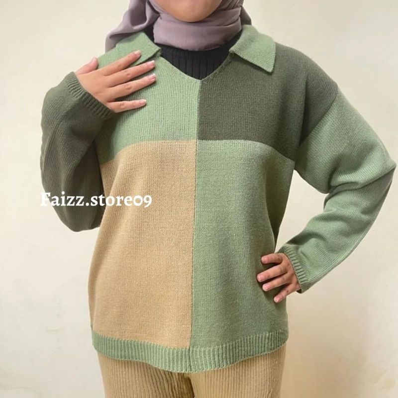 SWEATER RAJUT CROP TOP STRIP COMBINE BAHAN TEBAL PREMIUM KNIT