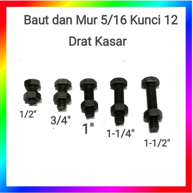 Baut dan mur 5/16&quot; inci hitam kepala kunci 12 drat kasar