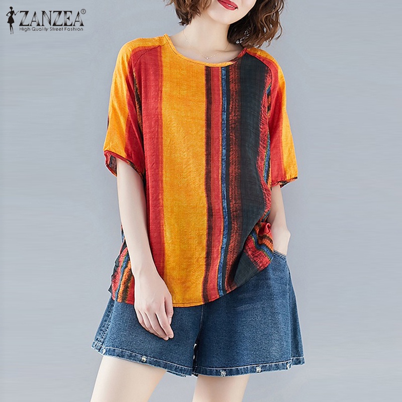 ZANZEA Women Short Sleeve Printed Vintage Casual Loose Blouse