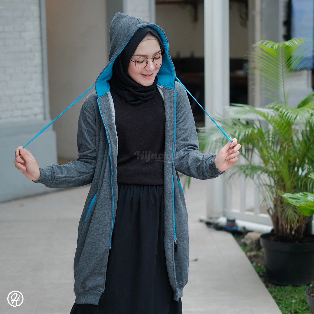 Jaket Jacket Panjang Wanita Cewek Hoodie Polos Hijabers Kekinian Hijacket Basic Fleece Terbaru-Abu + Biru Turkish