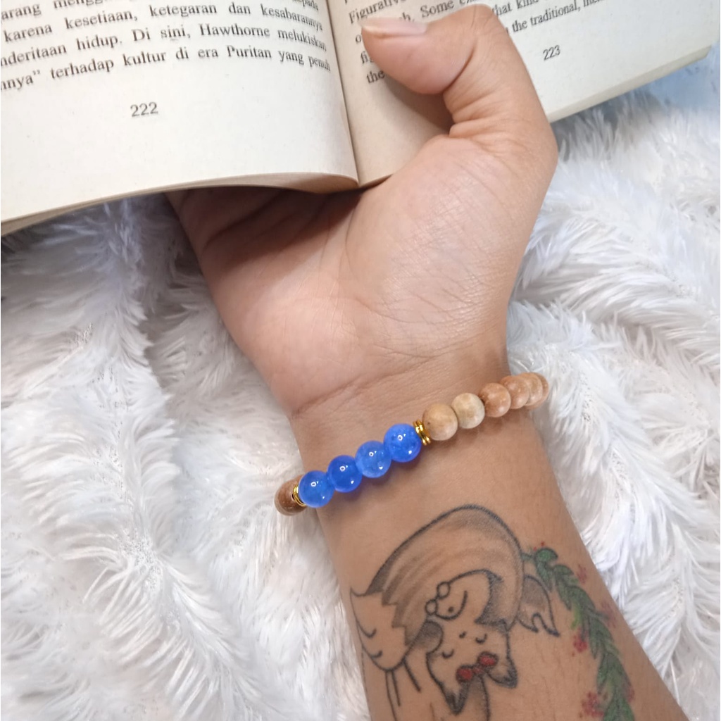 Gelang Batu Original Handmade Kayu Cendana Kombinasi Batu Alam Blue Agate