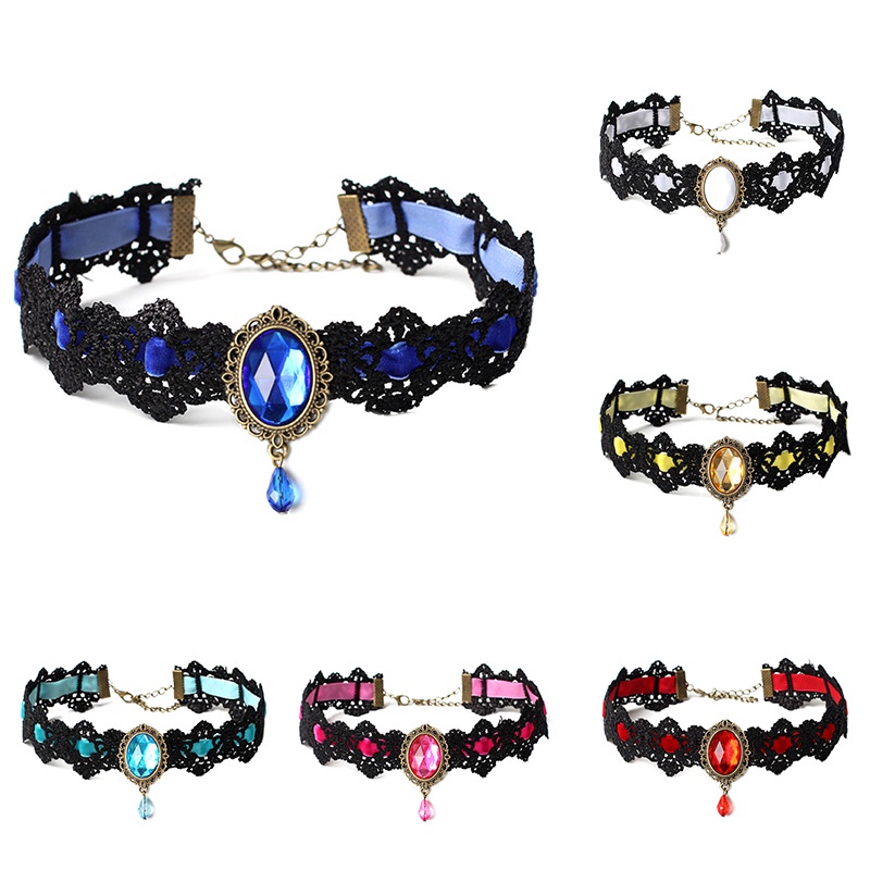 Kalung Choker Bahan Velvet Aksen Renda Warna Hitam Gaya Vintage Gothic