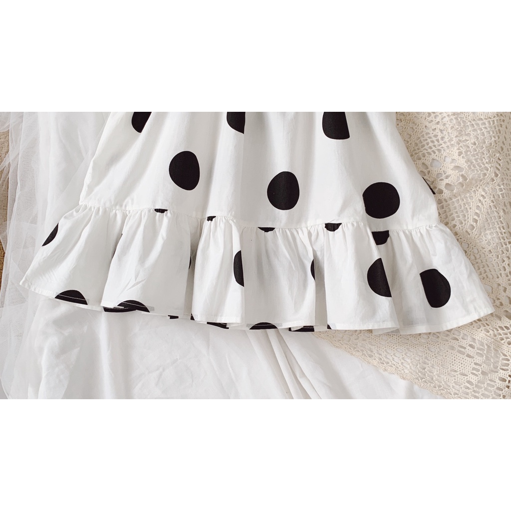 Gaun anak perempuan rok anak Korea gaun putri lengan puff pola polka dot katun