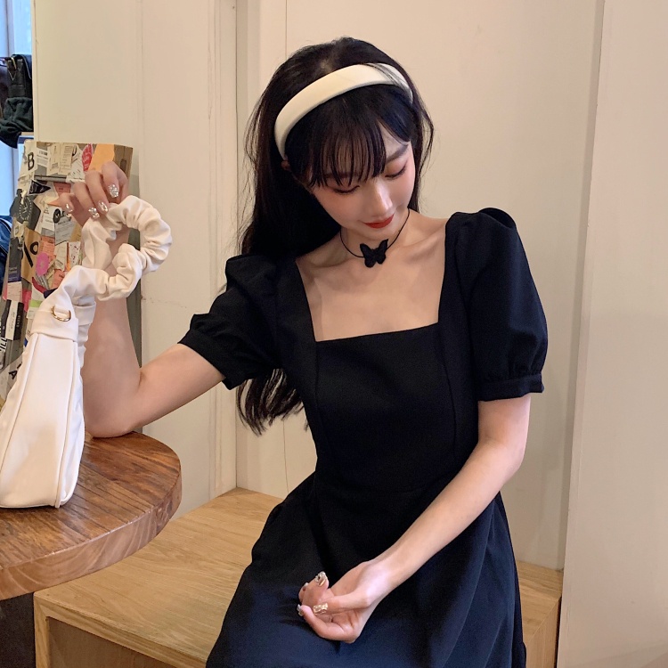 Versi korea fashion temperamen gaun lengan pendek maxi hitam minimalis untuk wanita